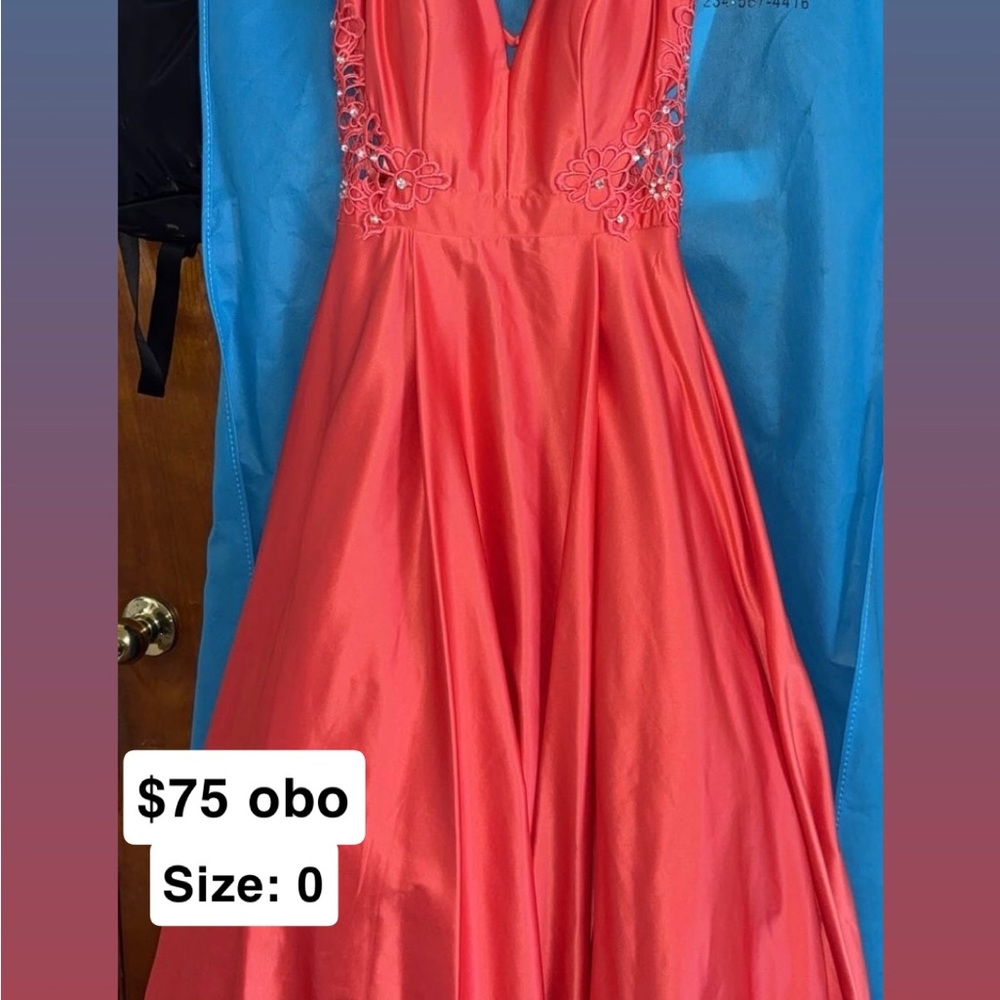 Coral Satin A-Line Formal Dress with Floral Appliqué
